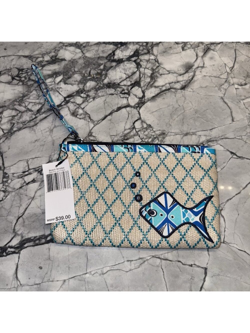 Vera Bradley Beach Wristlet In Go Fish Blue Pattern Tan Beach Tropical Travel